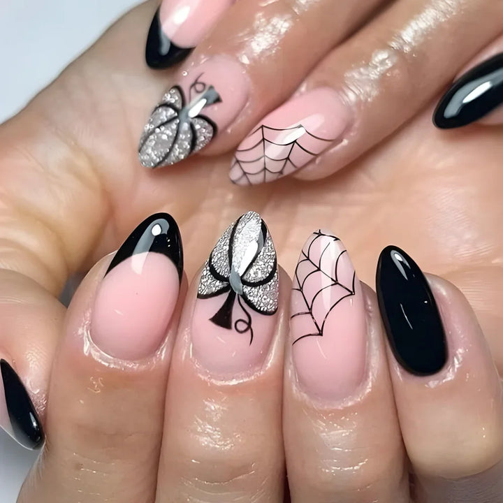 24Pc Halloween False Nails with Almond Head Designs Cute Clown Fake Nails French Full Cover Manicure Press on Nail Tips for Girl