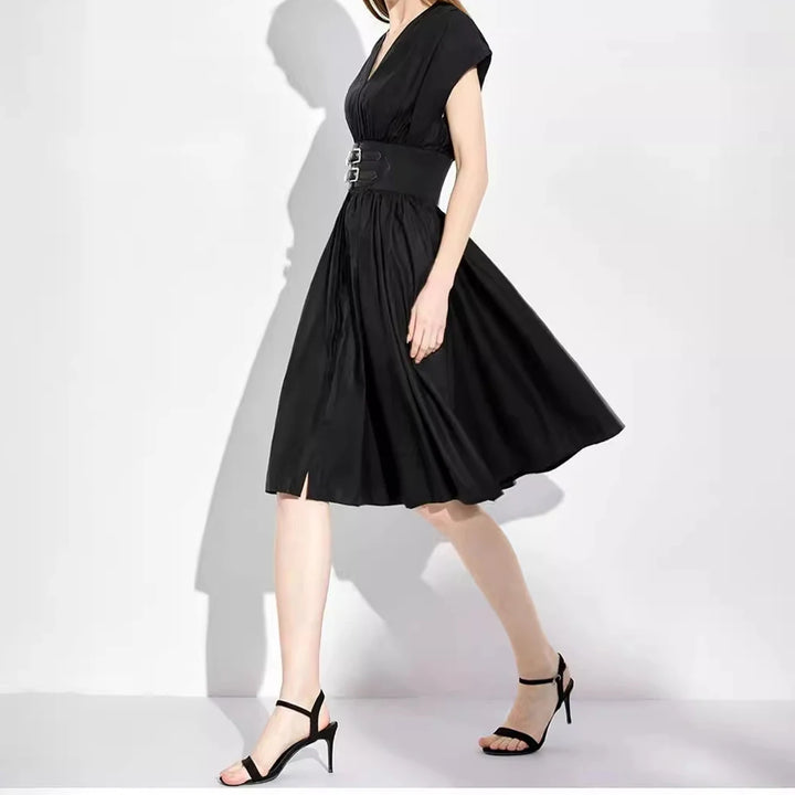 Women Long Dress New V-neck Sleeveless High Waist Slim Black Business Party