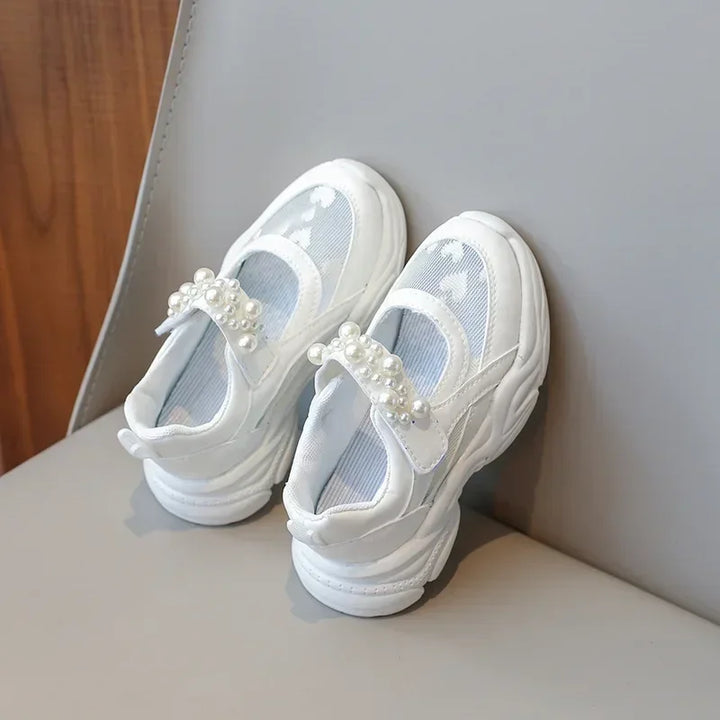 Children's Sneakers New Mesh Sports Shoes Spring Autumn Girls Fashion Shallow Breathable Pearl Tennis Kids Causal Flats