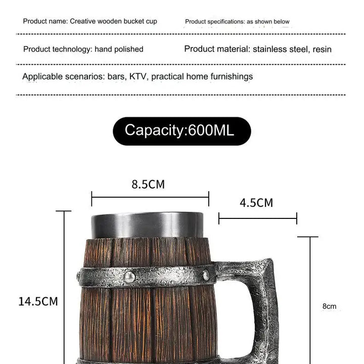 Hot-selling Wooden Barrel Beer mug , Large-capacity  Coffee mug Water bottle ,Tazas de café with stainless steel