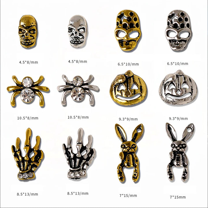 Halloween Alloy Nail Art Charms 3D Ghost Skull Pumpkin Golden Silver Classic Nails Jewelry Ornaments DIY Manicure Accessories