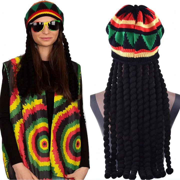 Handmade Crochet Knit False Braid Hat Jamaican Bob Rasta Beanie Cap Dreadlocks Wig Bob Marley Caribbean Fancy Dress Up Headwear
