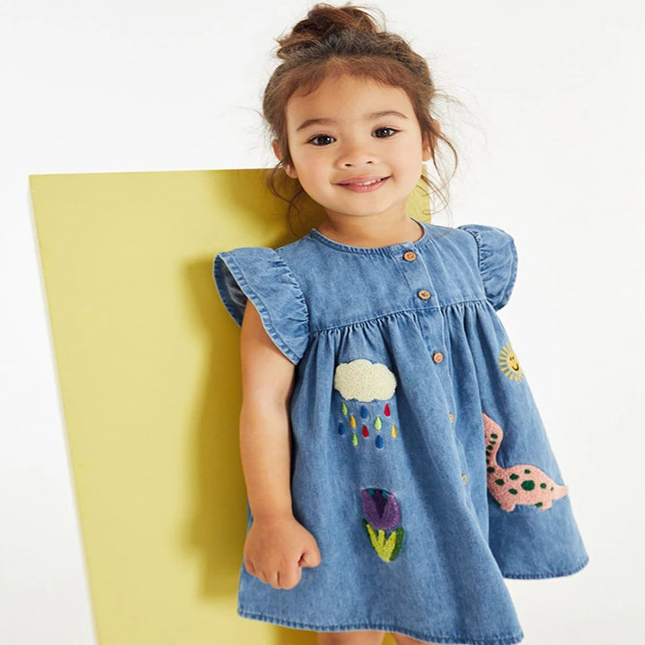 Little maven Children's Clothing Baby Girls New Cotton Embroidered Cartoon Dinosaurs Denim Dresses