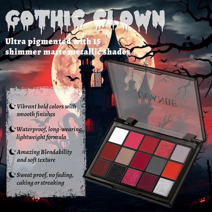 UCANBE Red Eyeshadow Makeup Palette, 15 Colors Burgunry Gray Silver Shimmer Matte Glitter for Halloween Christmas Vampire Clown