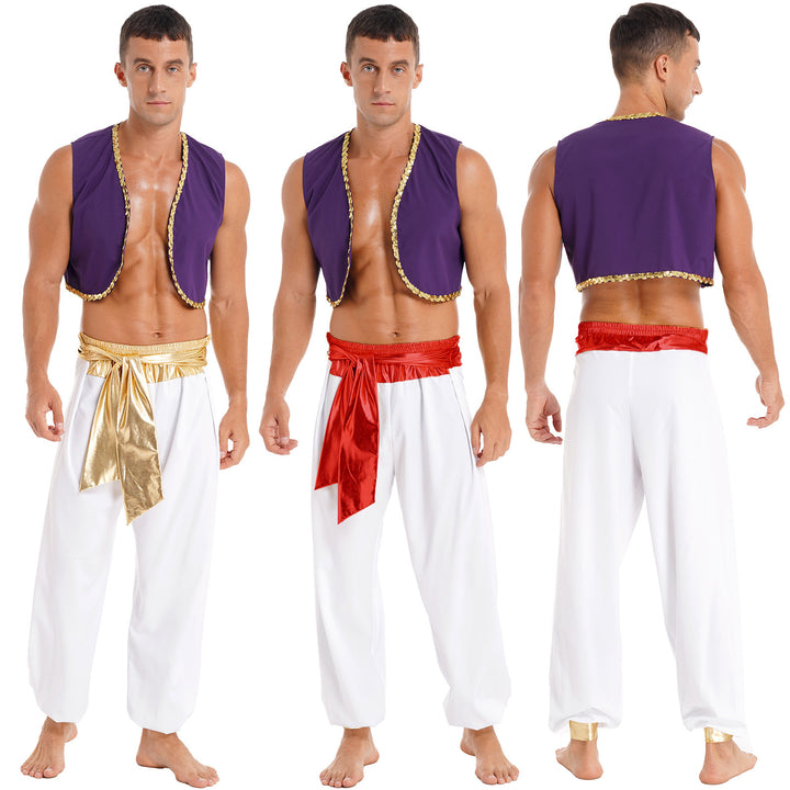 Mens Halloween Costume Mythical Arabian Prince Carnival Cosplay Party Outfit Sequin Trim Waistcoat with Belted Pants