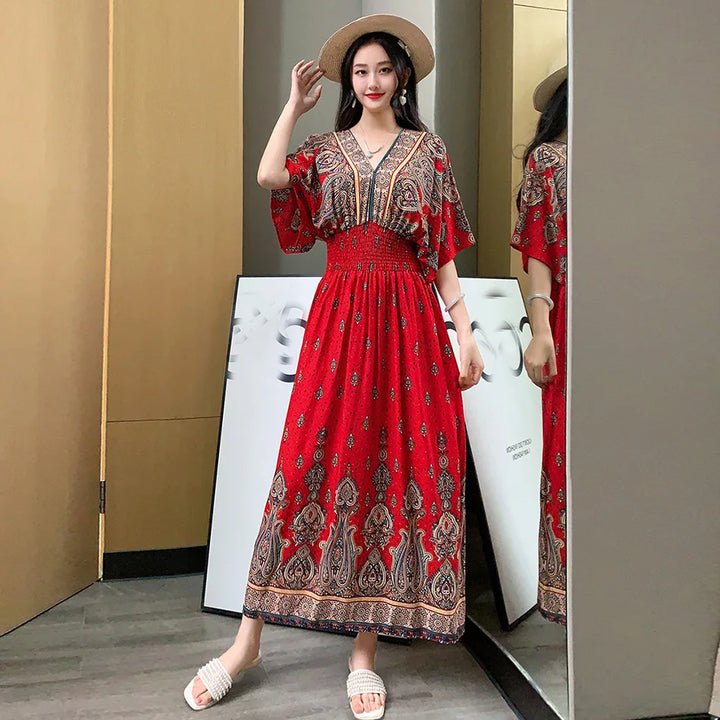 V-neck Large Skirt Hem Casual Sweet Long Dress Bat Sleeves Elastic Waist Bohemian Print Floral Elegant .