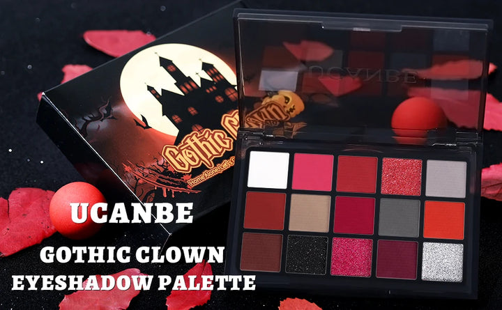 UCANBE Red Eyeshadow Makeup Palette, 15 Colors Burgunry Gray Silver Shimmer Matte Glitter for Halloween Christmas Vampire Clown