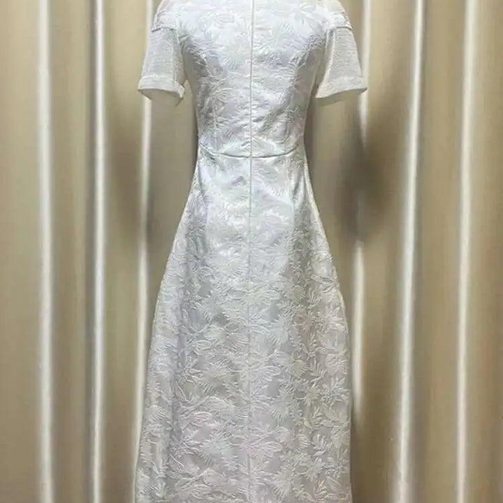 Elegant Long Dress Fairy Style Embroidered Flower Waist O Neck Short Sleeve Fashion Dress