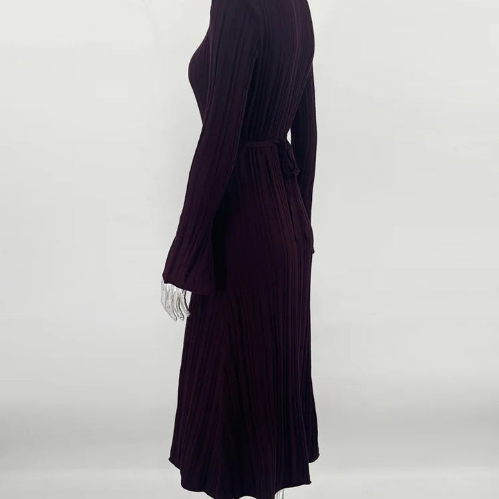 Tossy Knitwear Fashion Loose Maxi Dress Lace-Up High Waist Ribbed Long Sleeve Party