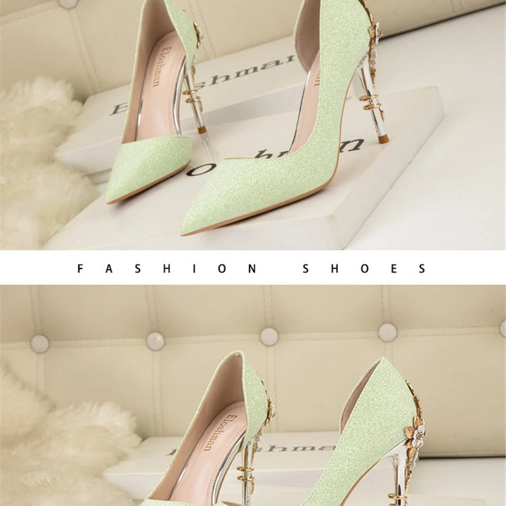 Light Luxury Sexy Women Dress Shoes 2025 Autumn Metal Flower Fashion High Heel Wedding White Pointed Sequins Shiny Female Pumps