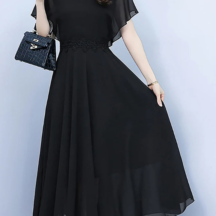 Long Elegant Dress White Chiffon /Black Butterfly Sleeve  Women Bodycon Chic Prom Night Dress