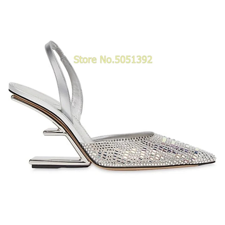 Silver Crystal Back Strap Pumps Strange Style Sexy Pointed Toe Shallow Slip On Fashion 2024 Summer Spring Women Dress Shoes