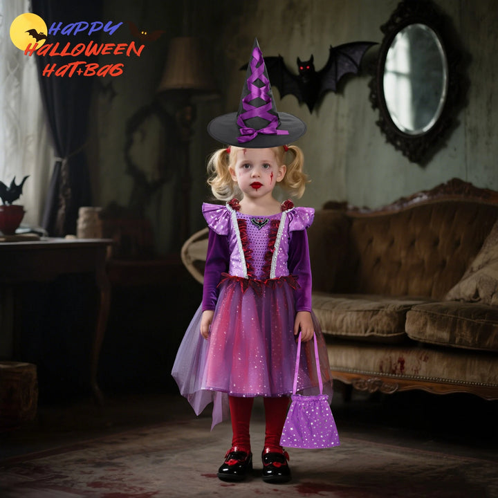 Halloween Children Girls Witch Party Dress Gothic Ghost Costume Kids Gown Robe Tutu Dress Witch Hat For Purim Carnival Party
