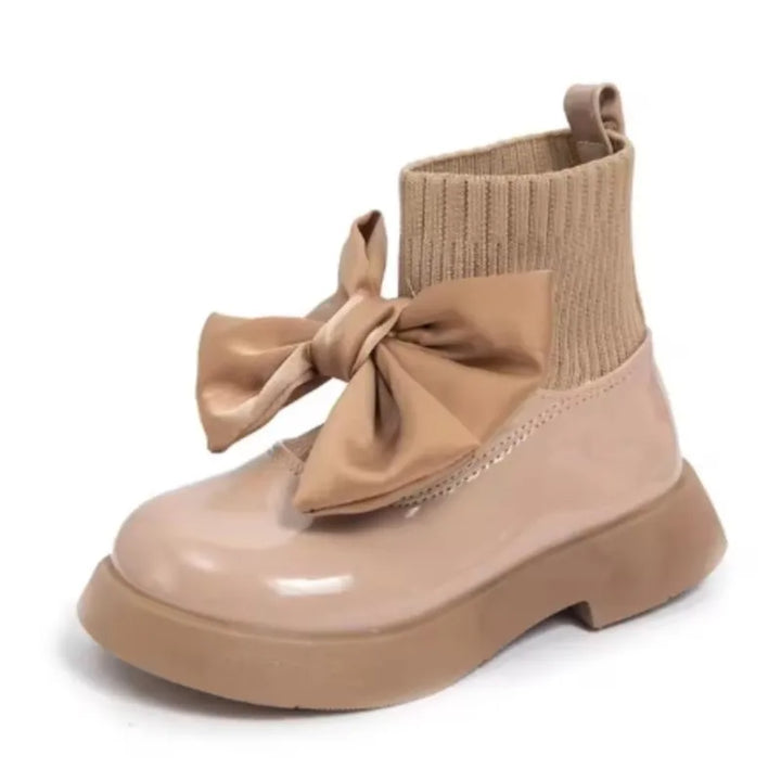 Children's Boots Fashion PU Solid Black Bow Girls Uniform 2025 Spring and Autumn New Kids Fashion Flying Knit School Socks Shoes