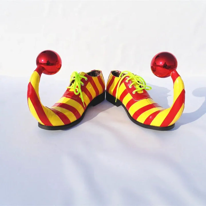 Adults Halloween Clown Cosplay Shoes Funny Circus Club Clown Performance Stripe Clown Shoes With Red Ball Carnival Cosplay Shoes