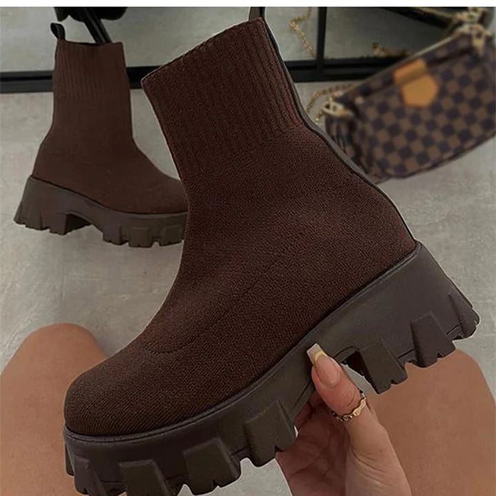 Women Boots Short Knitting Platform Boots Autumn Winter Shoes For Women Ankle Boots Heels White Winter Botas Mujer