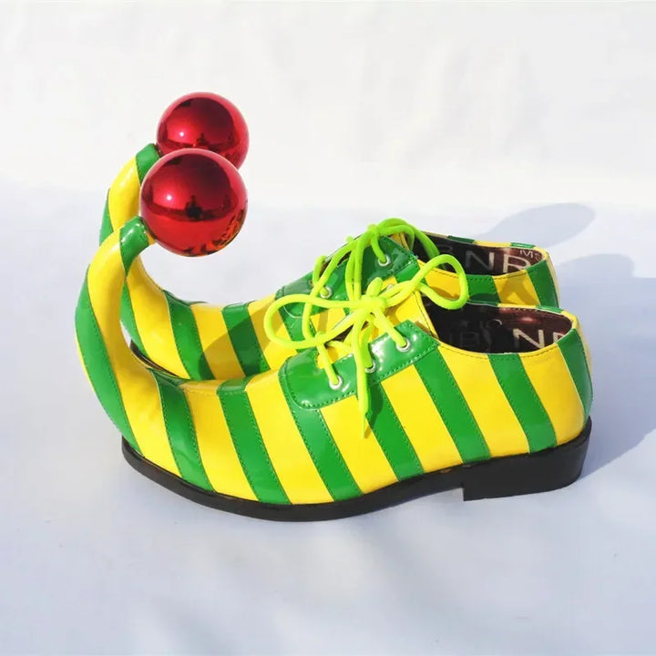 Adults Halloween Clown Cosplay Shoes Funny Circus Club Clown Performance Stripe Clown Shoes With Red Ball Carnival Cosplay Shoes