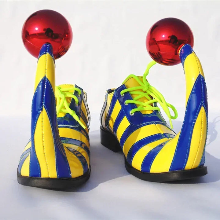 Adults Halloween Clown Cosplay Shoes Funny Circus Club Clown Performance Stripe Clown Shoes With Red Ball Carnival Cosplay Shoes