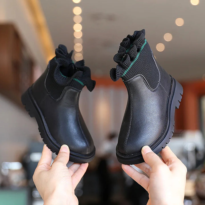 Girls Boots Fashio Knitted Ankle Boots Autumn Winter Soft Leather Slip on Kids Shoes Princess Non-slip Plush Snow Boots ботинки