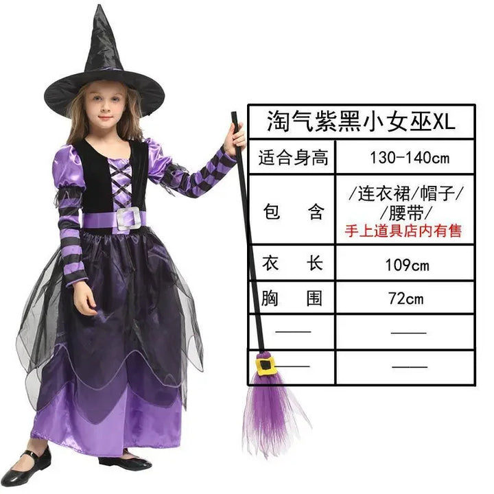 Halloween Party Costumes Purple Witch Dress for Girls Kids Mesh Long Sleeves Carnival Witch Clothes Cosplay Dress Hat Broom Suit