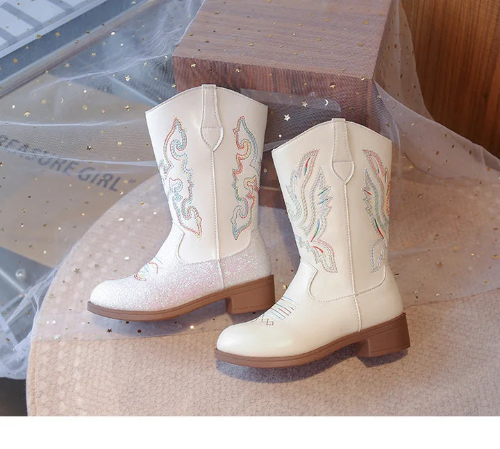 Girls Boots Toddler Snow Gear Mid Calf Glitter Western Cowboy Boot 2025 Autumn Big Kid Riding Girls Botas Size 27-36 Kids Shoes