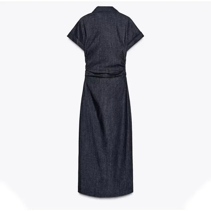 V-neck Denim Dress Fashion Slim Long Dress Chic Short Sleeves Single Button High.