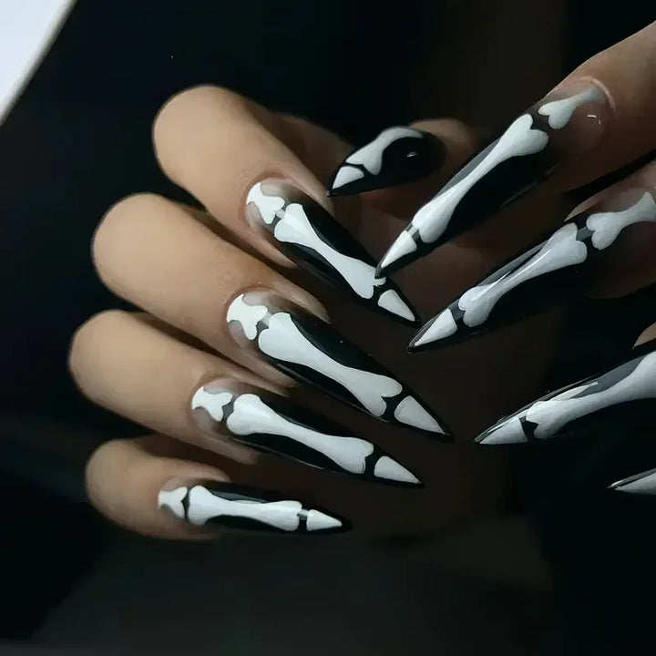 10pcs Halloween Goth Bone Press On Nail-Glossy Long Almond Shape False Nail Sweet and Cool Full Cover Design for Women and Girls