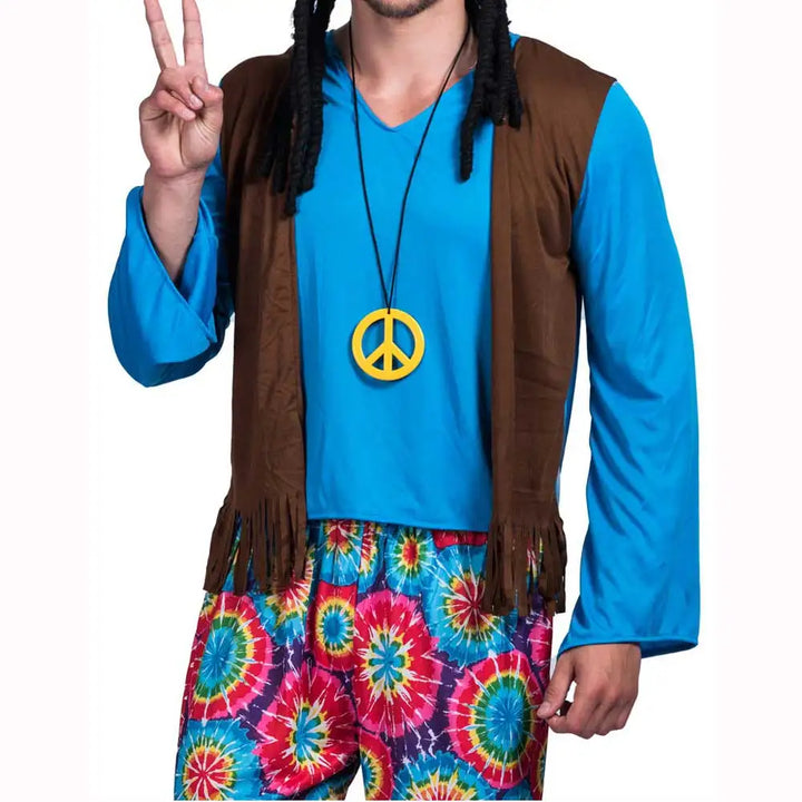 Men’s 60s & 70s Hippie Costume Set – Retro Pants, Shirt, Fringe Vest, Necklace, Glasses & Rasta Hat with Dreadlocks"✨ Step back in time with this complete 60s & 70s hippie outfit! Perfect for Halloween, retro parties, music festivals, and themed events.
