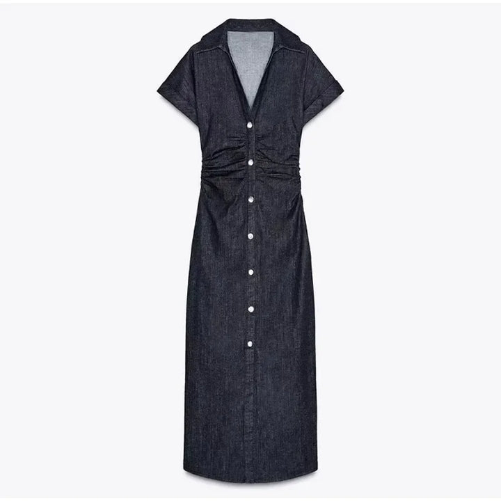 V-neck Denim Dress Fashion Slim Long Dress Chic Short Sleeves Single Button High.