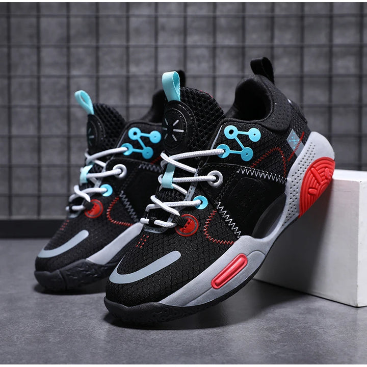 Kids Fashion Sneakers for Boys Leather Breathable Sports Basketball Shoes Lightweight Children School Walking Footwear