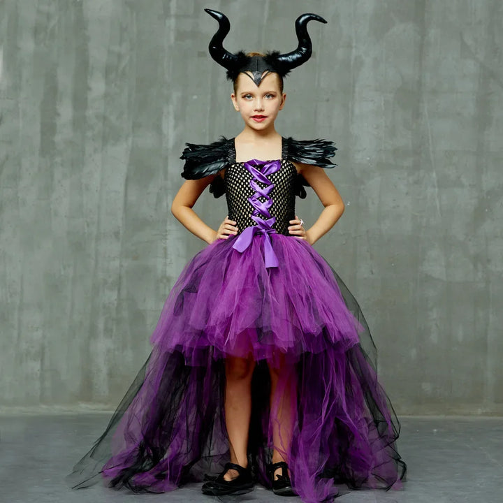 Halloween Children Costume Tulle Dress Girls Cosplay Vestidos Party Evil Queen Mesh Princess Dress Kids Crow Wand