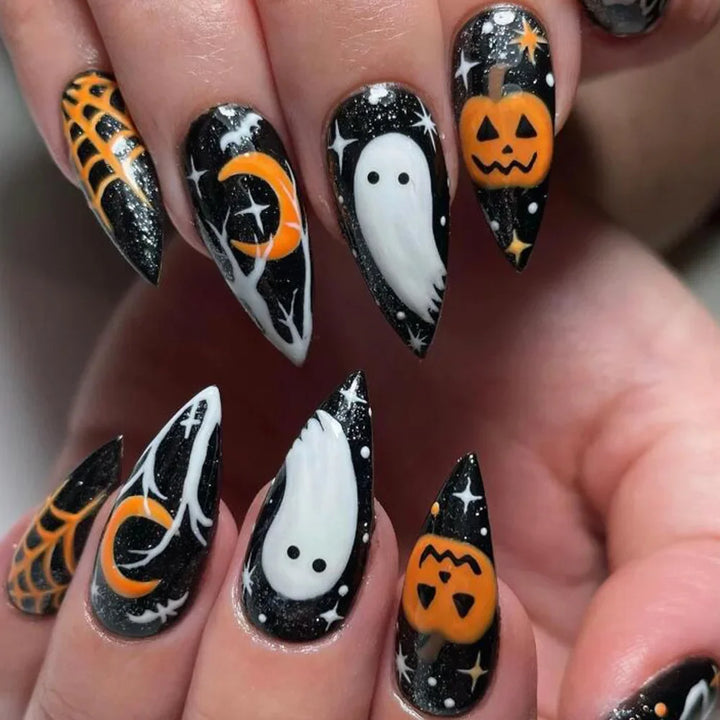 24Pc Halloween False Nails with Almond Head Designs Cute Clown Fake Nails French Full Cover Manicure Press on Nail Tips for Girl