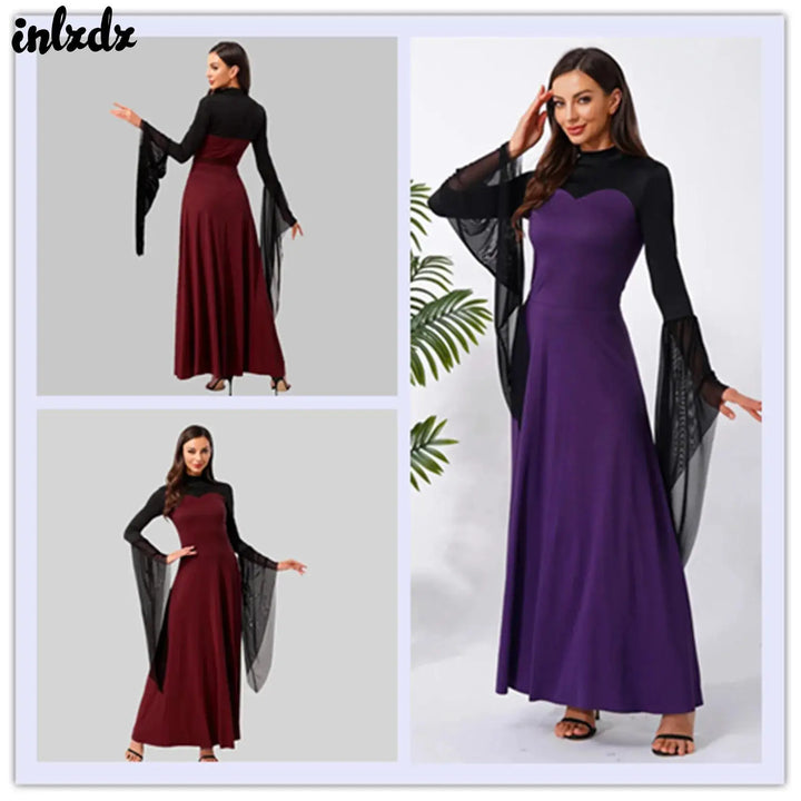 Halloween Costume Vampire Witch Cosplay Costume for Women Flared Mesh Cuffs Medieval Witch Maxi Dresses Masquerade Party Dress