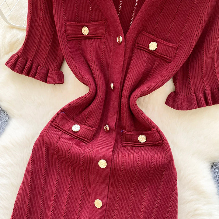Vintage Single Breasted Women's Knitted Long Dress High Waist Short Sleeve Ruffles Straight Dress