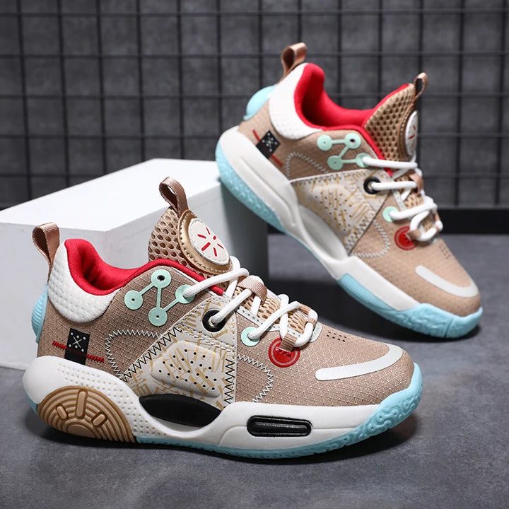 Kids Fashion Sneakers for Boys Leather Breathable Sports Basketball Shoes Lightweight Children School Walking Footwear