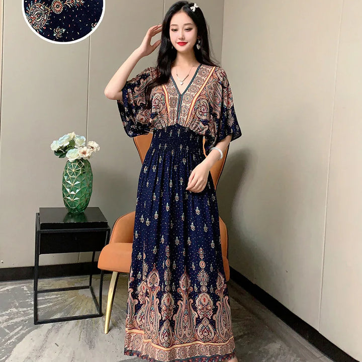 V-neck Large Skirt Hem Casual Sweet Long Dress Bat Sleeves Elastic Waist Bohemian Print Floral Elegant .