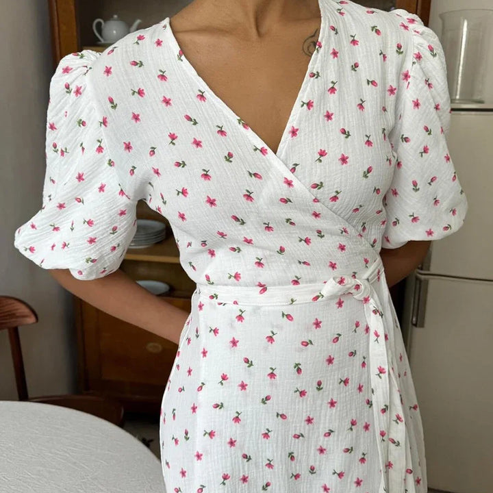 Bornladie Women Printed Lace Up D Short Sleeve Fashion Office Lady Long Dress 100% Cotton Daily Casual V-neck
