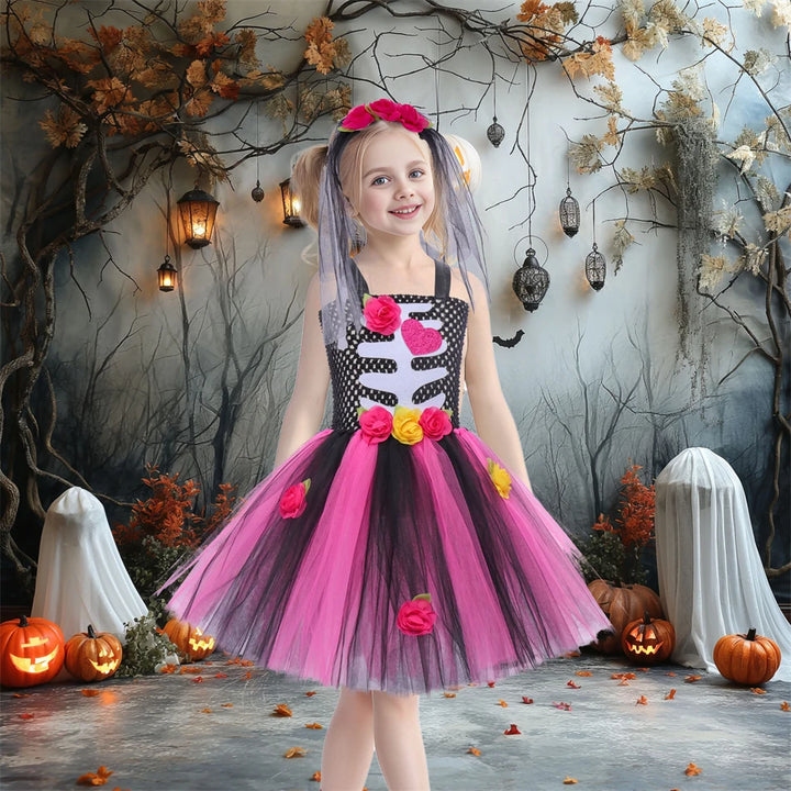 Halloween Kids Dress Cosplay Heart Print Skeleton Costumes Girls Floral Skull Tutu Clothes Children Carnival Performance Outfits