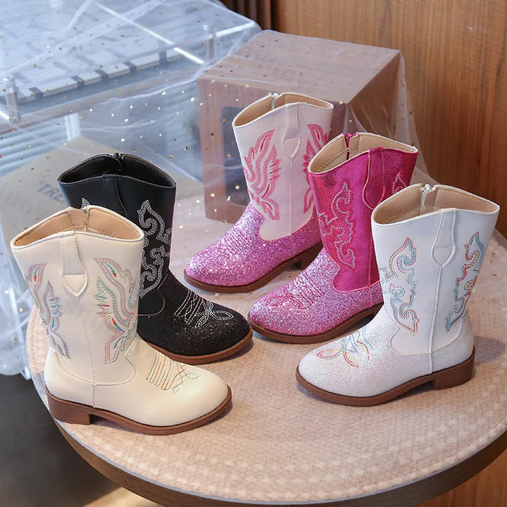 Girls Boots Toddler Snow Gear Mid Calf Glitter Western Cowboy Boot 2025 Autumn Big Kid Riding Girls Botas Size 27-36 Kids Shoes