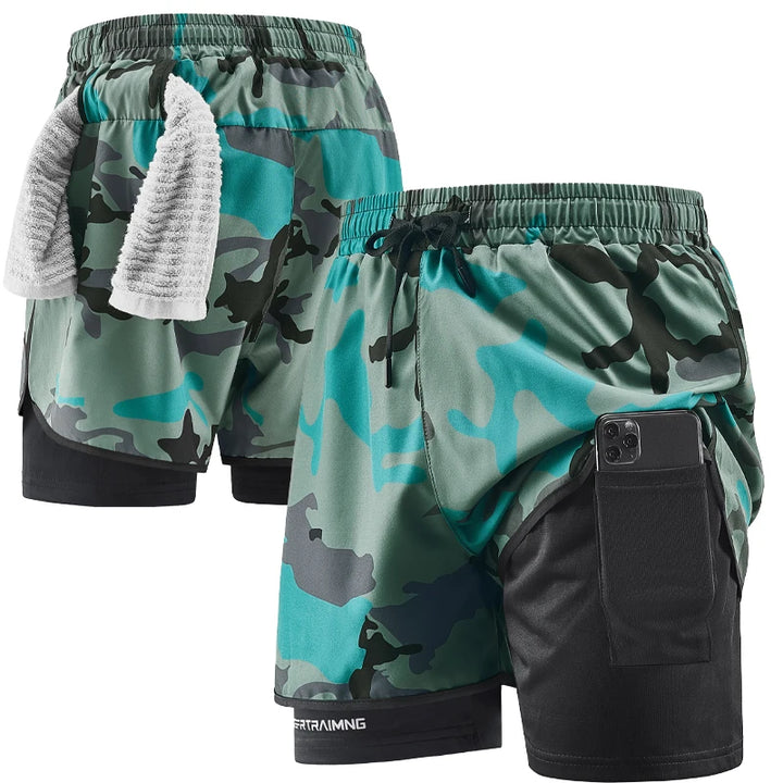 Men's running shorts  quick drying fitness camouflage double-layer shorts  men's new sports training and bodybuilding shorts