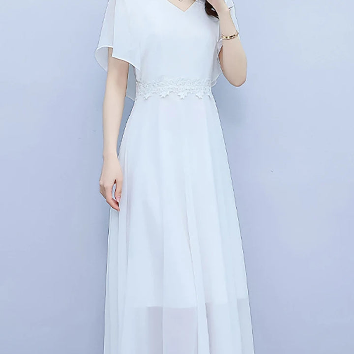 Long Elegant Dress White Chiffon /Black Butterfly Sleeve  Women Bodycon Chic Prom Night Dress