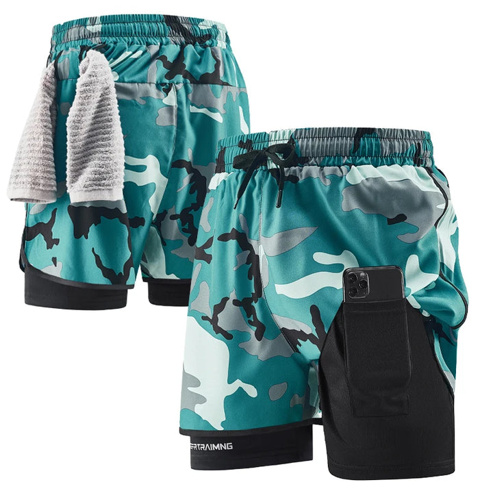 Men's running shorts  quick drying fitness camouflage double-layer shorts  men's new sports training and bodybuilding shorts