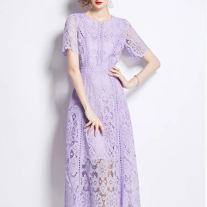JAMERARY Vintage Holiday Lace Hollow Out Prom Dress For Women's Slim Elegant Short Sleeve Long Dress Female Clothing