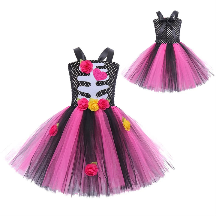 Halloween Kids Dress Cosplay Heart Print Skeleton Costumes Girls Floral Skull Tutu Clothes Children Carnival Performance Outfits
