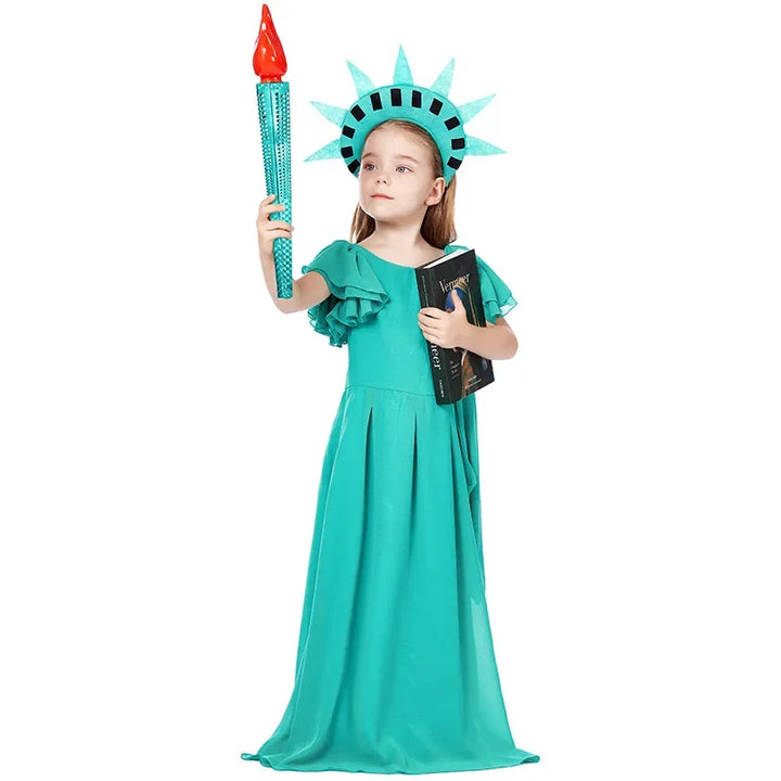 Halloween Carnival Costume Adult and Kids Girls Green Chiffon Party Dress World Statue of Liberty Cosplay Greek Goddess Costume
