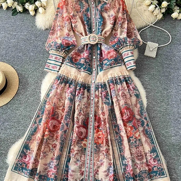 New Retro Court Printed Lapel Lantern Sleeve Cinched Waist Single Breasted Long Sleeve Elegant Long Dress