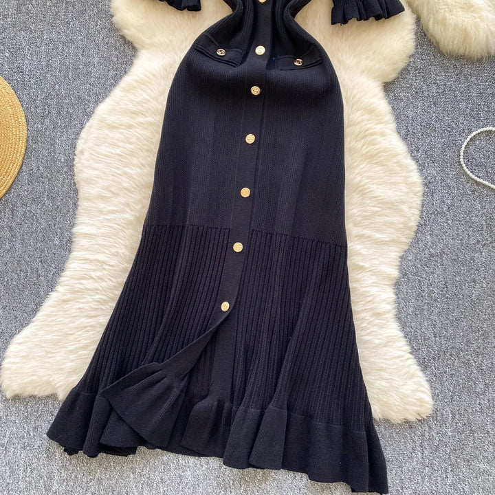 Vintage Single Breasted Women's Knitted Long Dress High Waist Short Sleeve Ruffles Straight Dress
