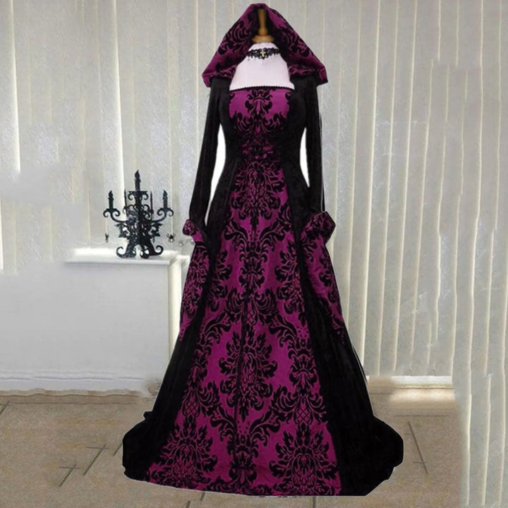 Halloween Hooded Dress Medieval Vintage Goth Stage Party Dress With Flared Sleeves Cosplay Costume Women Long Gown Dresses