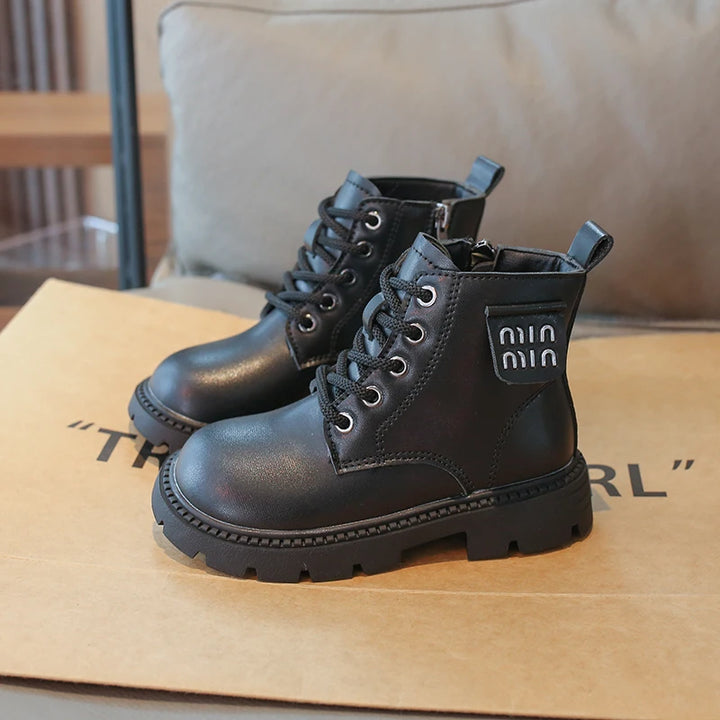 Children Platform Ankle Boots New Round-toe Black Boots for Girl Solid Color Causal Kids Fashion Short Leather Boots Side Zipper