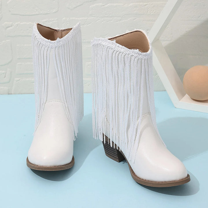 Girls Boots Autumn Winter Toddler Kids Princess Fashion Middle Calf Cowboys Boot Children High Heel Tassel Dance Soft Sole Shoes
